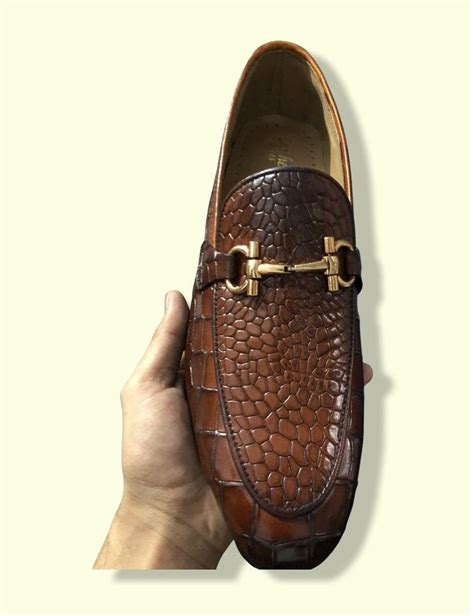 Dark Brown Crocodile Leather Loafers .